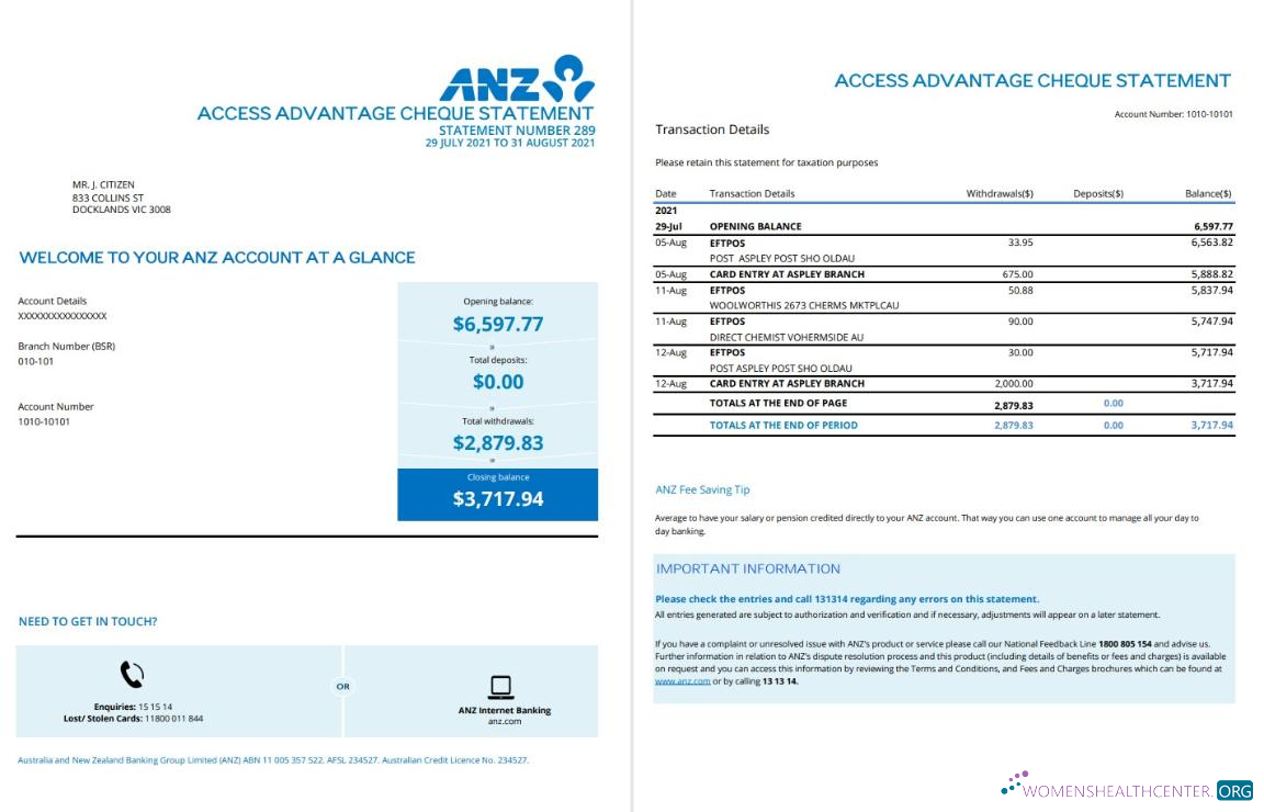 Download Australia ANZ proof of address bank statement 2 pages Photoshop template